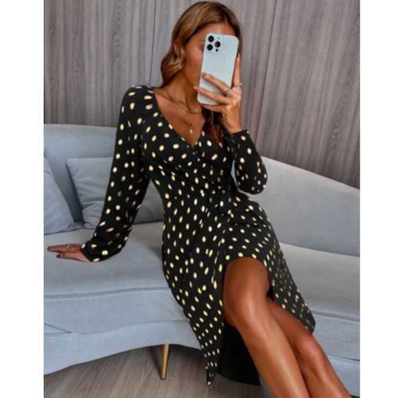 Luxe metallic gold dots wrap knot side party evening formal dress - Picture 15 of 15